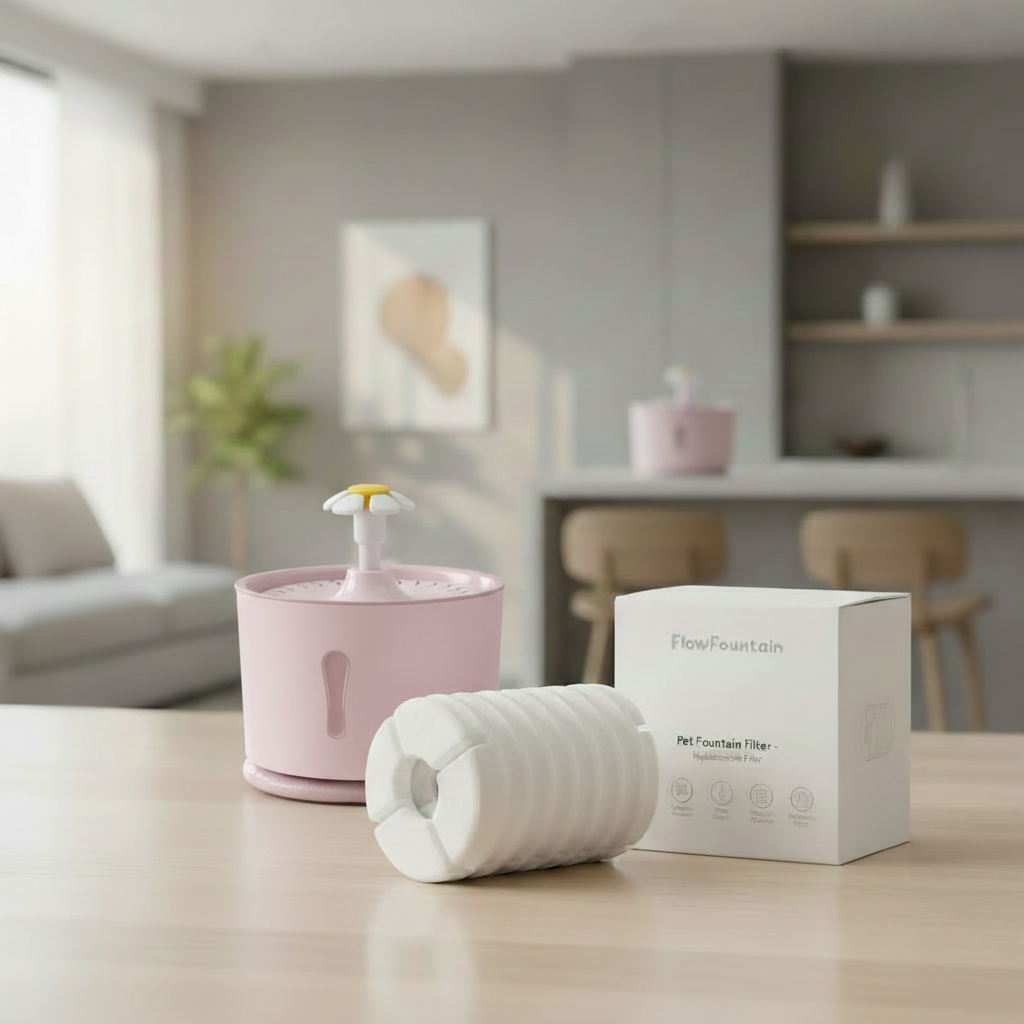 FlowFountain water fountain filter unit 2.0 with packaging box and fountain in modern home setting