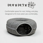 Gray cat cave bed with a black cat inside, cozy round cat furniture for resting and hiding.