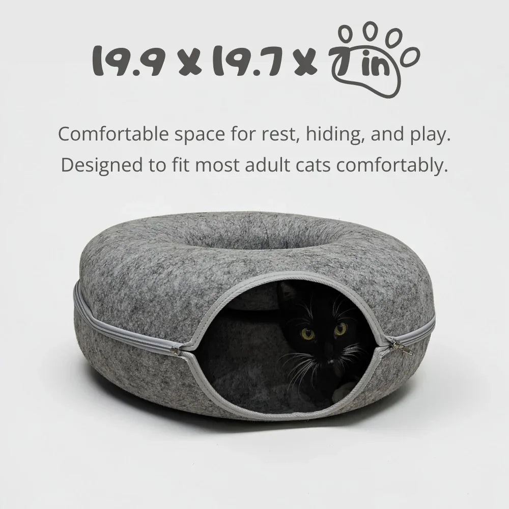 Gray cat cave bed with a black cat inside, cozy round cat furniture for resting and hiding.