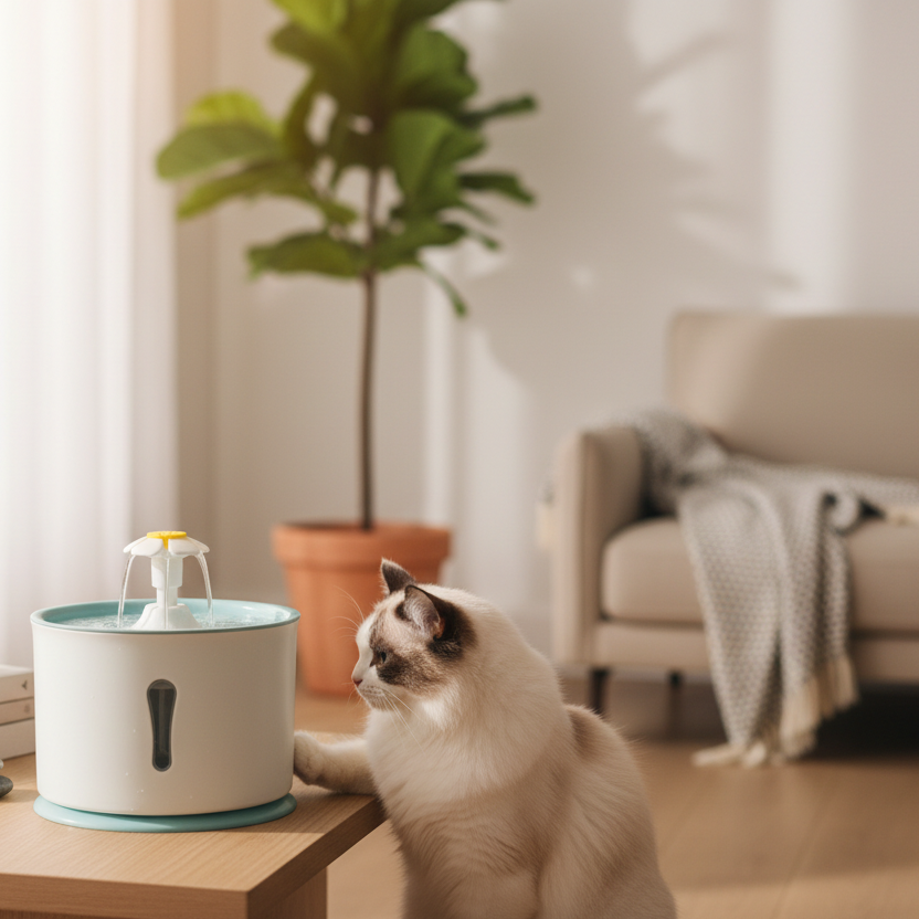 Cat sitting by pet water fountain in cozy living room, cat furniture and accessories