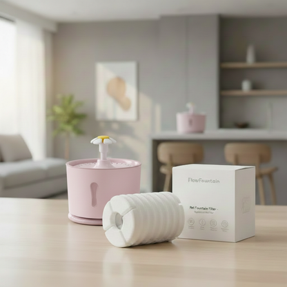 FlowFountain water fountain filter unit 2.0 with packaging box and fountain in modern home setting